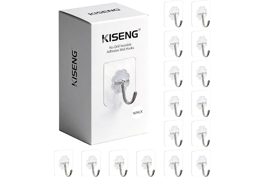 KISENG 16 Pack Crystal Clear Adhesive Hooks for Hanging, Heavy Duty 22lb Sticky Hooks, Invisible Clear Wall Hooks No Drill No Damage, Waterproof Shower Hooks for Bathroom Kitchen Towel Keys