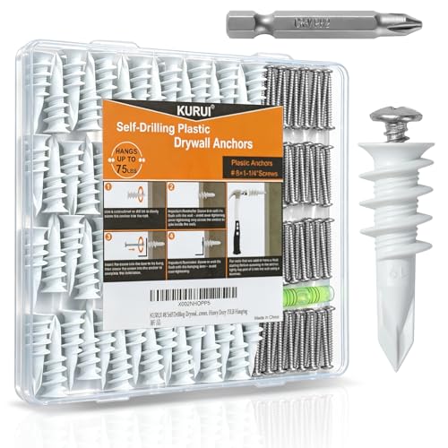 KURUI 140Pcs #8 Self Drilling Drywall Anchors with Screws Kit, Heavy Duty Dry Wall Anchors for Hanging Sheetrock, 50 Self-Tapping Plastic Drywall Hangers 50 Sheet Rock Screws, Mounting Hardware -75LB