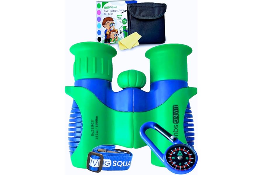 Kids Binoculars 8x21 Shockproof Green - Ages 3-12 with Case Neck Strap Compass Carabiner | High Resolution Optics for Bird Watching Camping Hiking | Birthday Gift Boys Girls