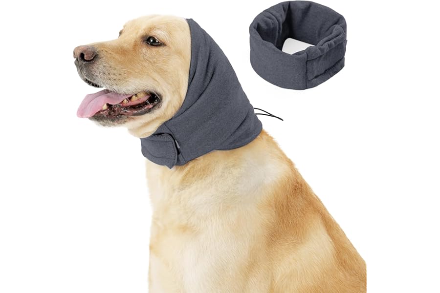 Kodervo Quiet Ears for Dogs - Adjustable Ear Covers for Noise, No Shake Dog Head Wrap, Dog Calming Hood for Thunder, Lightning, Fireworks, Vet Visits, Polyester and Stretch Cotton Blend, Grey, Medium