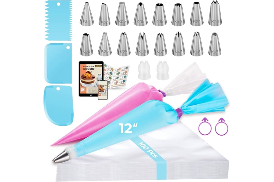 Kootek 124Pcs Icing Piping Bags and Tips Set, Cake Decorating Kit with 100 Anti Burst Piping Bags 12 Inch, 16 Icing Tips, Reusable Pastry Bag, 3 Scrapers, 2 Couplers, 2 Bag Ties (Blue)
