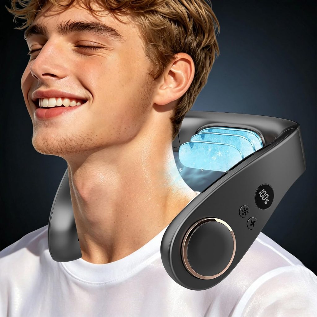 Kouric Ventilateur de Cou Climatiseur Mobile, Ultra-Silencieux, Affichage LED, 3 Niveaux de Refroidissement(15℃/20℃/25℃), Batterie 5500mAh Autonomie Max 15 Heures, pour Enfant & Adulte Bureau Voyage