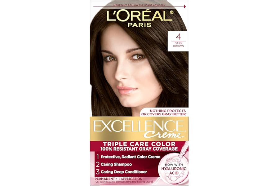 L'Oreal Paris Excellence Crème Permanent Hair Dye, Triple Care Hair Color with Hyaluronic Acid for 100% Gray Coverage, 4 Dark Brown, 1 Kit (Packaging May Vary)