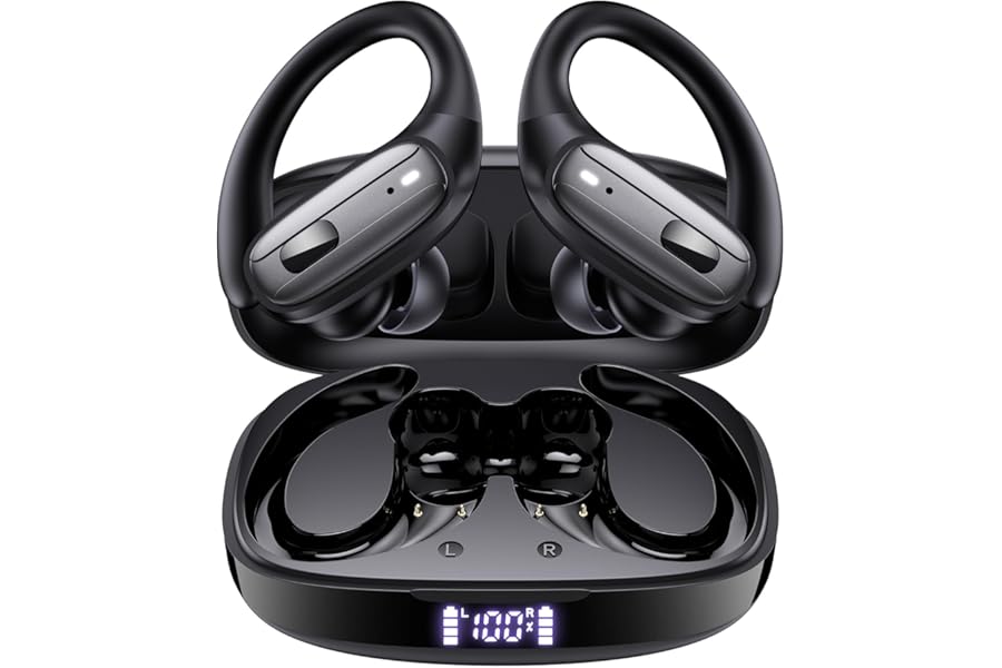 LEEMC Wireless Earbuds, Bluetooth Headphones 5.4, 80Hr Playtime Ear Buds with Hooks for Sports, Noise Canceling, LED Display, IPX7 Waterproof Earphones for Workout Running, Onyx