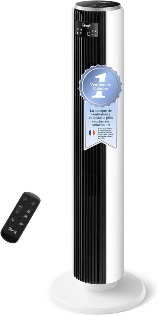 LEVOIT 20dB Ventilateur Colonne Silencieux, 7.9m/s DC Moteur, 26W, Oscillant 90° avec 12 Vitesses, Minuterie 12h, 4 Modes, Affichage LED de Refroidissementavec Télécommande, Blanc