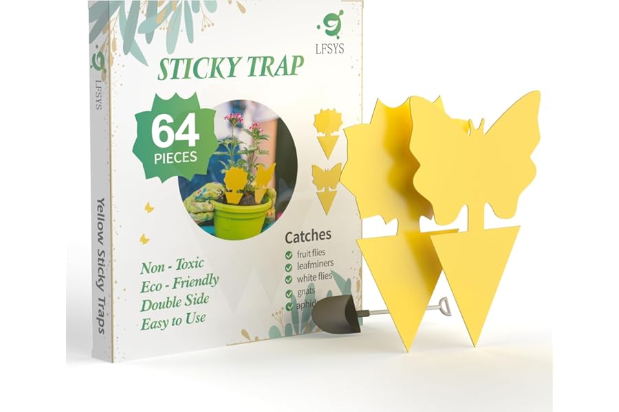 LFSYS 64 Pcs Sticky Traps for gnat, Yellow Sticky Fruit Fly Traps for Indoors Plants, Indoor Safe for Gnat, Fruit Fly, White Fly, Aphid, Leaf Miner