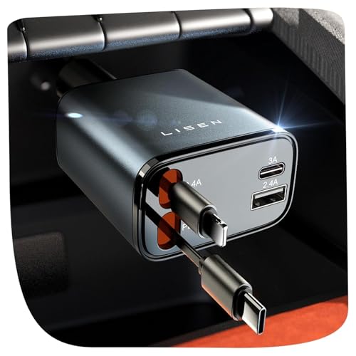 LISEN Retractable Car Charger, 84W Car Charger USB C Fast Charger Adapter for iPhone, Car Accessories for Men Women, Gifts for Fathers Day for Men Dad Husband, for iPhone 17 16 15 14 13 12 11 Samsung