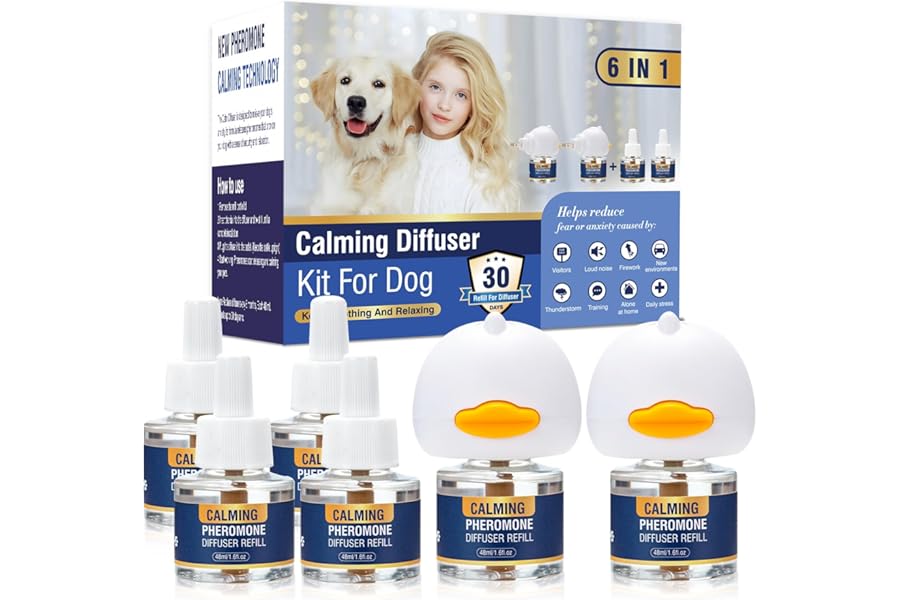 LKBHGF Dog Calming Pheromones Diffuser 6 in 1 Kit Appeasing Pheromone Diffuser to Calm (2 Plug in+4 x48ml Refill) for Anxiety Relief Reduce Aggression Fighting Barking Stress 120 Day Supply(Tasteless)