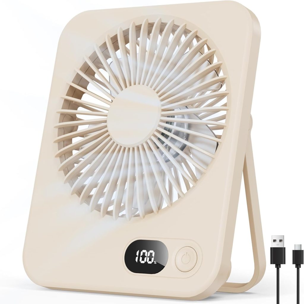 LUXVANO Ventilador de Escritorio Ultra delgado 3,8cm, 5 Velocidades, Orientación 180°, Pantalla LED, Batería 3000mAh hasta 8h, Recargable por USB, para Oficina Viajes y Maquillaje, Amarillo