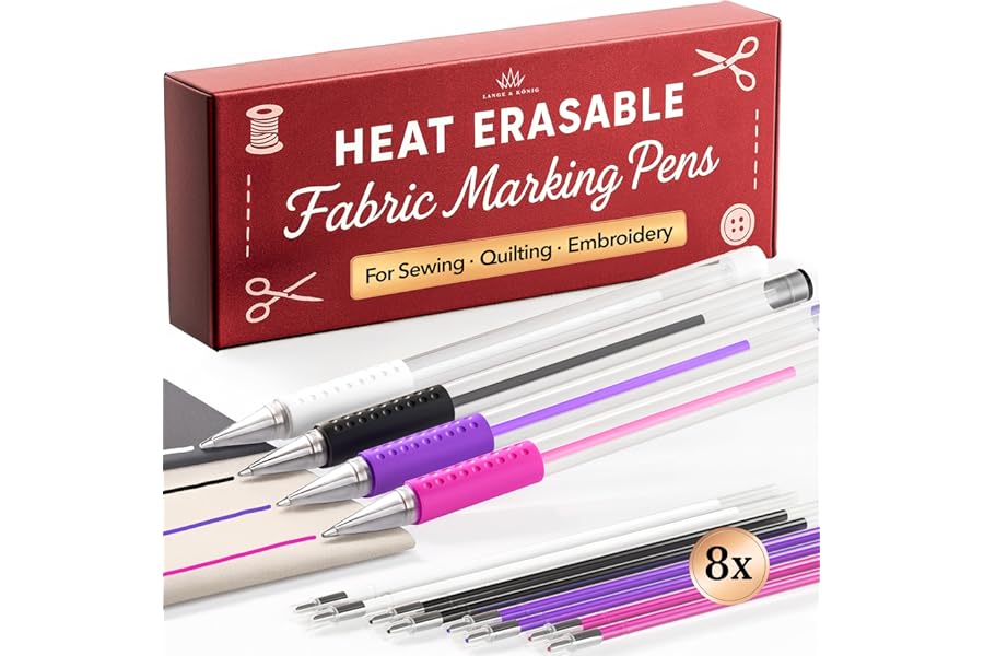 Lange & König Heat Erasable Fabric Marking Pens for Sewing - 4 Pens + 8 Refills - Sewing Supplies Quilting Supplies Table Accessories Embroidery Pen Tailors Chalk Alternative