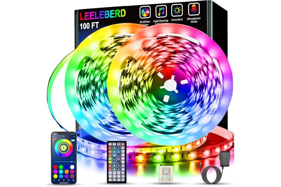 Leeleberd Led Lights for Bedroom 100 ft (2 Rolls of 50ft) Music Sync Color Changing RGB Led Strip Lights with Remote App Control Bluetooth Led Strip, Lights for Room Home Kitchen Party Decor