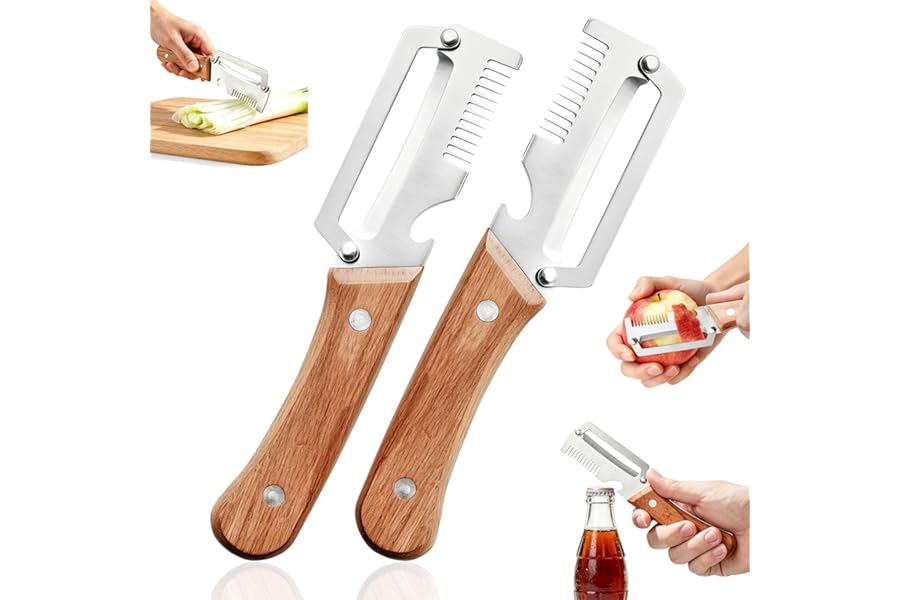 Left & Right Hand Vegetable Peeler Set with Scallion Slicer & Bottle Opener, Thickened Stainless Steel Wide Blade for Smooth Peeling, Wooden Handle Kitchen Peeler for Fruits & Vegetables