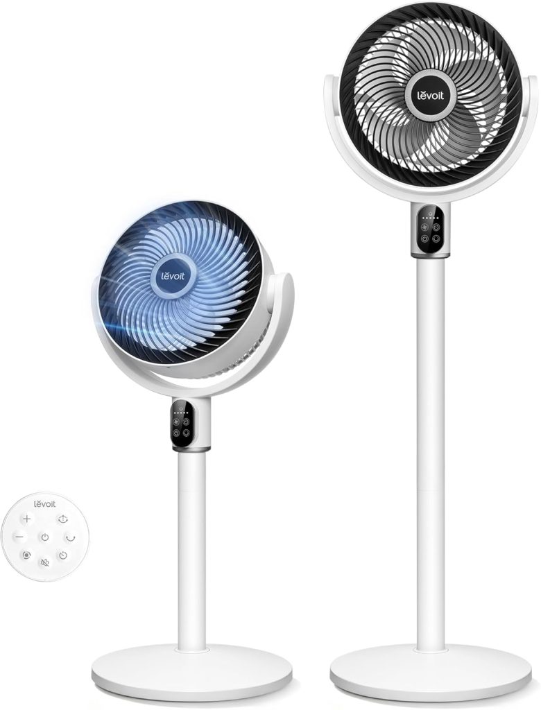 Levoit Ventilateur sur Pied, 20 dB Ultra-Silencieux, 1740 m³/h, Oscillation 90°, 8 Vitesses, Minuterie 12 h, Télécommande, Blanc