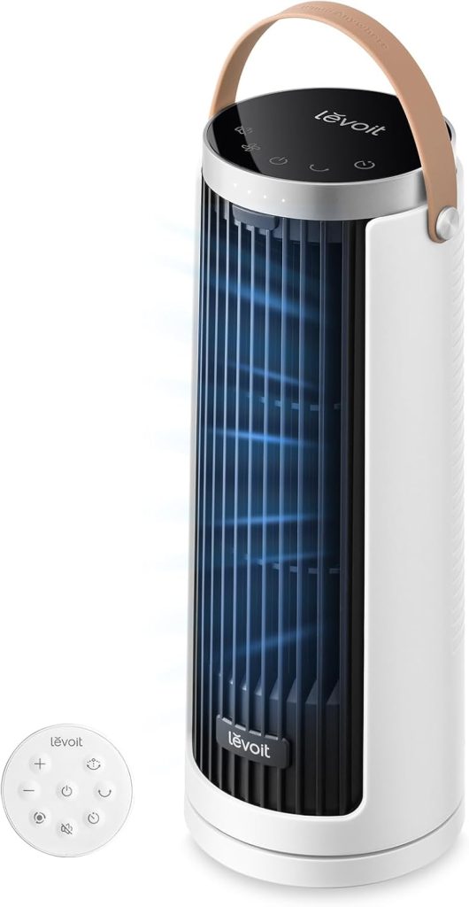Levoit Windi Mini Ventilateur Colonne 20 dB Ultra Silencieux, Ventilateur de Table Moteur DC, Puissance jusqu'à 7 m/s, 4 Vitesses, Oscillation 90°, Minuterie 12H, Télécommande