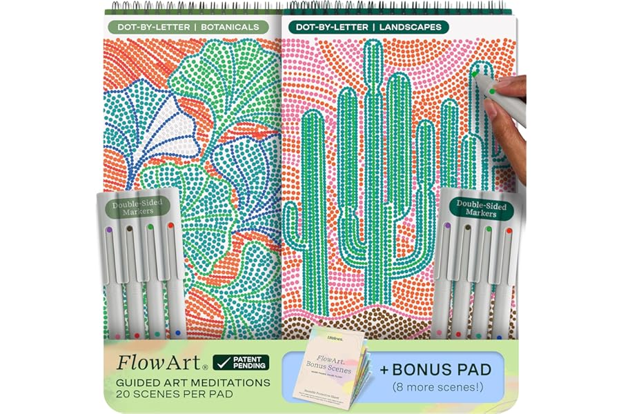 Lifelines FlowArt Activity Pads, 2-Pack & Bonus Pad - Guided Dot-by-Letter Art Meditations - 8 Double-Sided Markers & 48 Scen