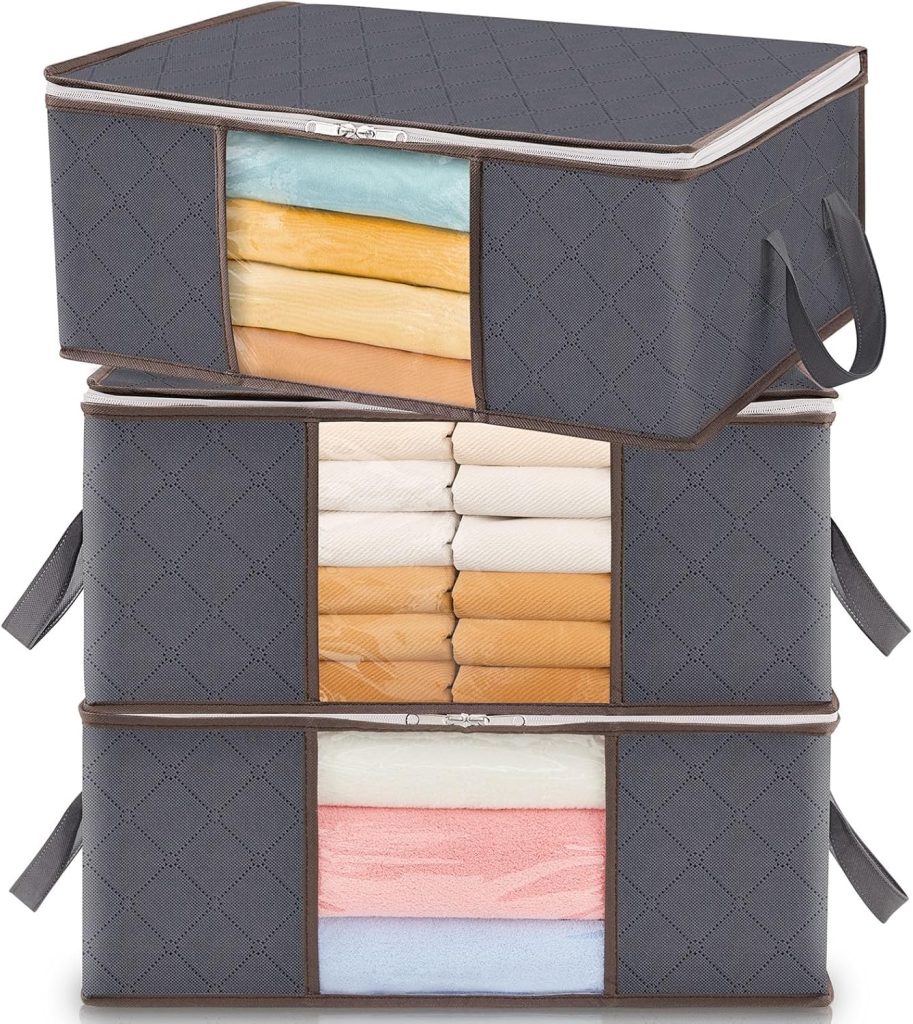 Lifewit Cajas Almacenaje Ropa Plegable con Asa Reforzada, Organizador Armario de Tejido Resistente y Ventana Transparente, Bolsas para Guardar Ropa, Mantas, Gris, 35 L, 3 Piezas