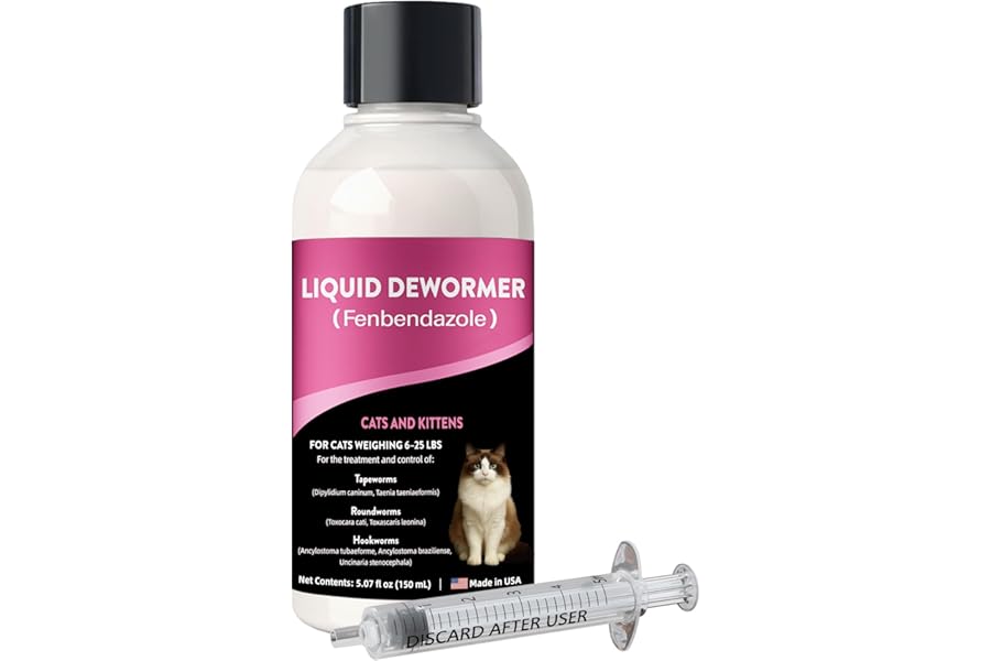 Liquid Dewormer for Cats & Kittens, Fenbendazole Cat Dewormer for Tapeworms, Roundworms, Hookworms & Lungworms, Chicken & Honey Flavor Oral Wormer, Easy Daily Dose, 150 mL