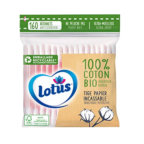 Lotus Coton-Tiges en Papier et Coton Bio - Sachet 160 Bâtonnets