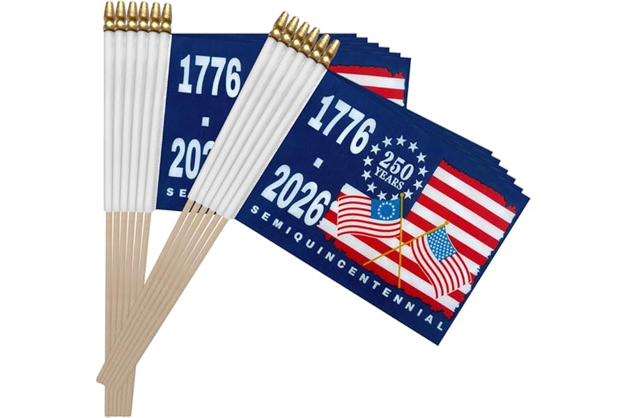 LoveVC 12 Pack 250th Anniversary Flag Small American Flag on Stick 1776-2026 Mini USA Patriotic Handheld Flags for 4th of July Outside Decorations,5x8 Inch