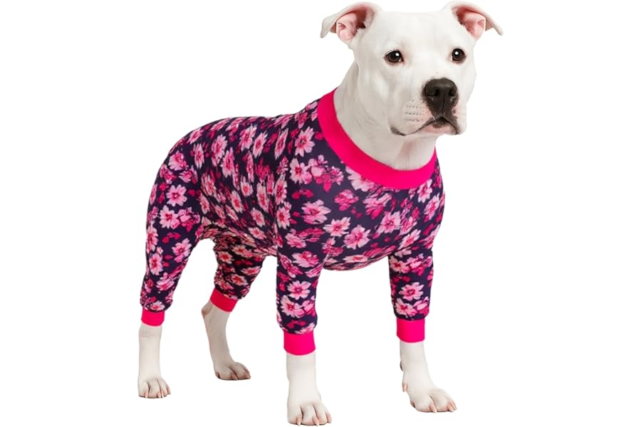 LovinPet Dog Pjs Pitbull Boy - Pet Anxiety Relief Onesies, Sun Protection Dog Shirt, Comfy Stretchy Fabric, Berry Roses Print, Big Dog Surgery Recovery Pajamas, Pitbull Clothes, Pink L