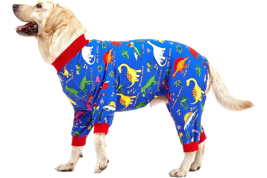 LovinPet Pitbull Large Dog Clothes, Wound Care/Post Surgery Dog Clothes, Lost World Dinosaurs Print, UV Protection, Pet Anxiety Relief, Large Dog Onesies, Pet PJ's/Medium