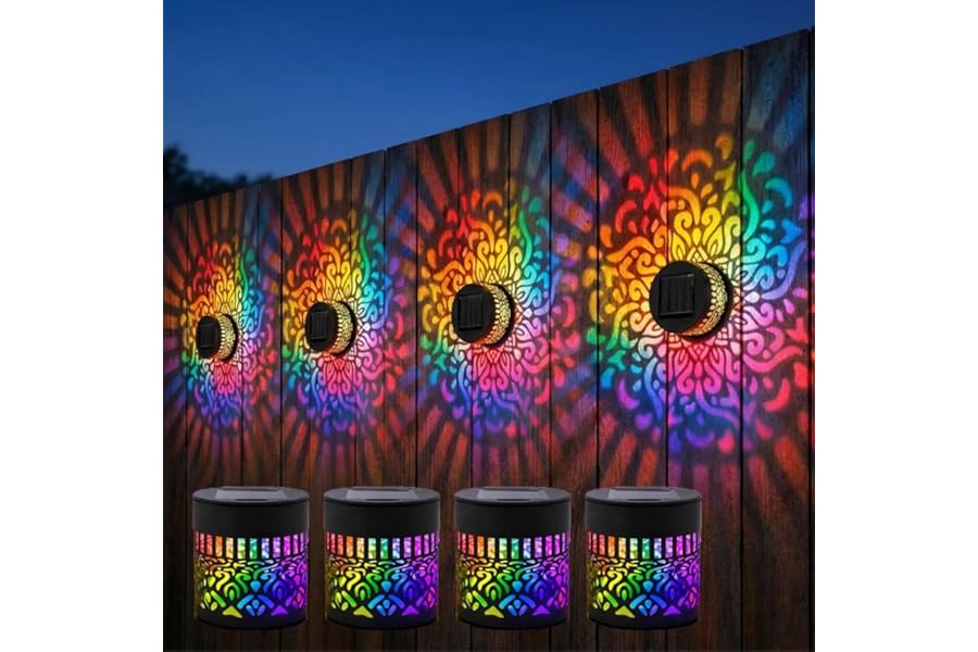 Lscsdf Seven-Color Changing Solar Mandala Projection Wall Light Decorative Solar Mandala Lights Outdoor Waterproof Metal Fence Lights for Yard Garden Post Patio Backyard Decor (4pcs)