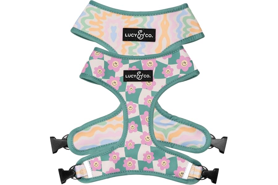Lucy & Co. Reversible Dog Harness - Water-Repellent Neoprene, Dual-Print Design, Easy Swap Style, Adjustable Comfort Fit - Just Chill Reversible Harness - Large