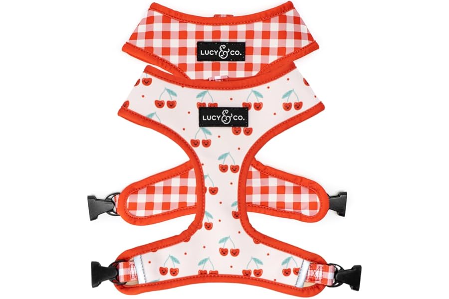 Lucy & Co. Reversible Dog Harness - Water-Repellent Neoprene, Dual-Print Design, Easy Swap Style, Adjustable Comfort Fit - Cheery Cherries Reversible Harness - Medium