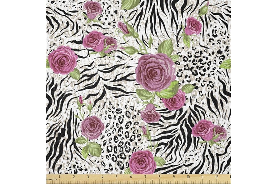 Lunarable Animal Print Fabric by The Yard, Rose Flowers Buds Leaves on Striped Dotted Animal Print Background, Stretch Knit Fabric for Clothing Sewing and Arts Crafts, 1 Yard, White and Charcoal