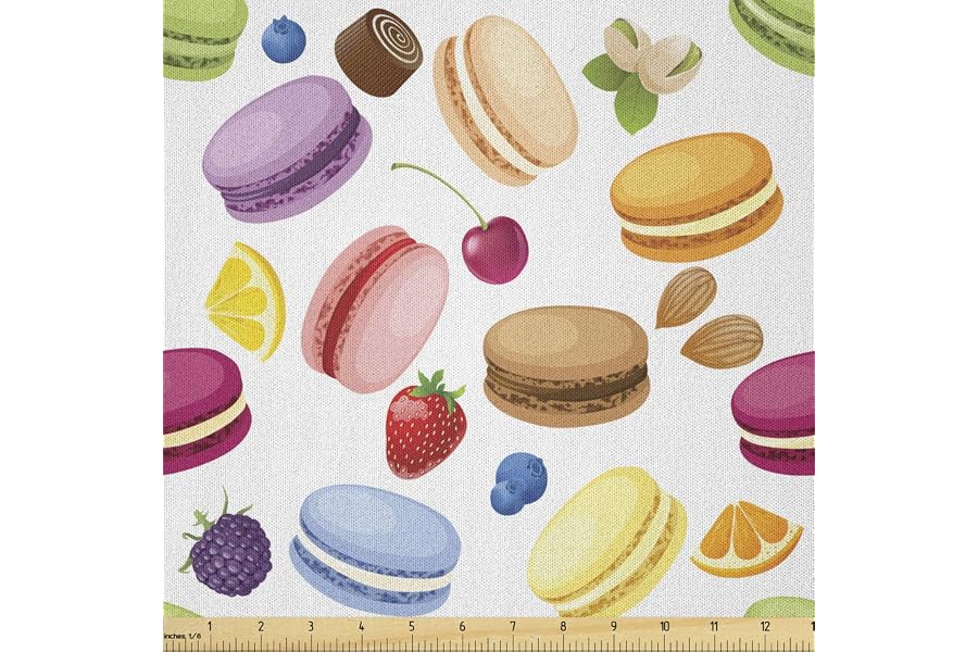 Lunarable Colorful Fabric by The Yard, Traditional French Macarons with Berries Lemons Almonds Pistachios and Chocolate, Micr