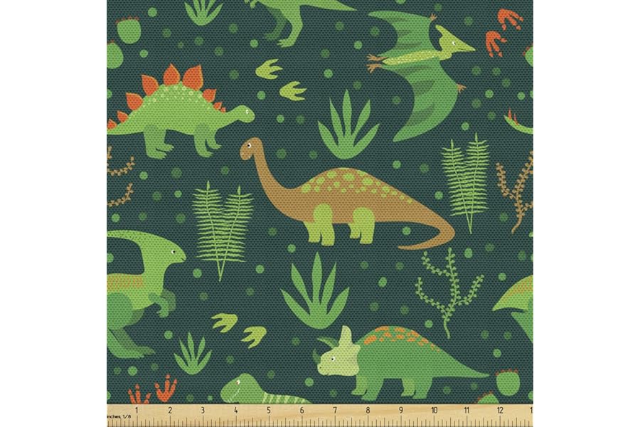 Lunarable Dinosaur Fabric by The Yard, Prehistoric Jungle Cartoon Pattern with Various Dino Characters Green Dots Leaves, Decorative Fabric for Upholstery and Home Accents, 1 Yard, Forest Green