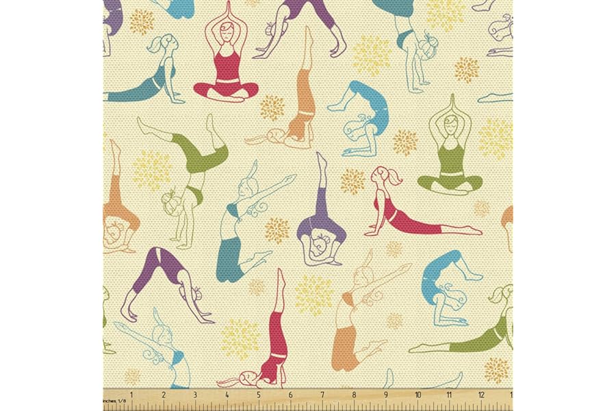Lunarable Hipster Fabric by The Yard, Workout Fitness Ladies in Pilates Positions Colorful Design Repeating Pattern, Decorative Fabric for Upholstery and Home Accents, 3 Yards, Cream Multicolor