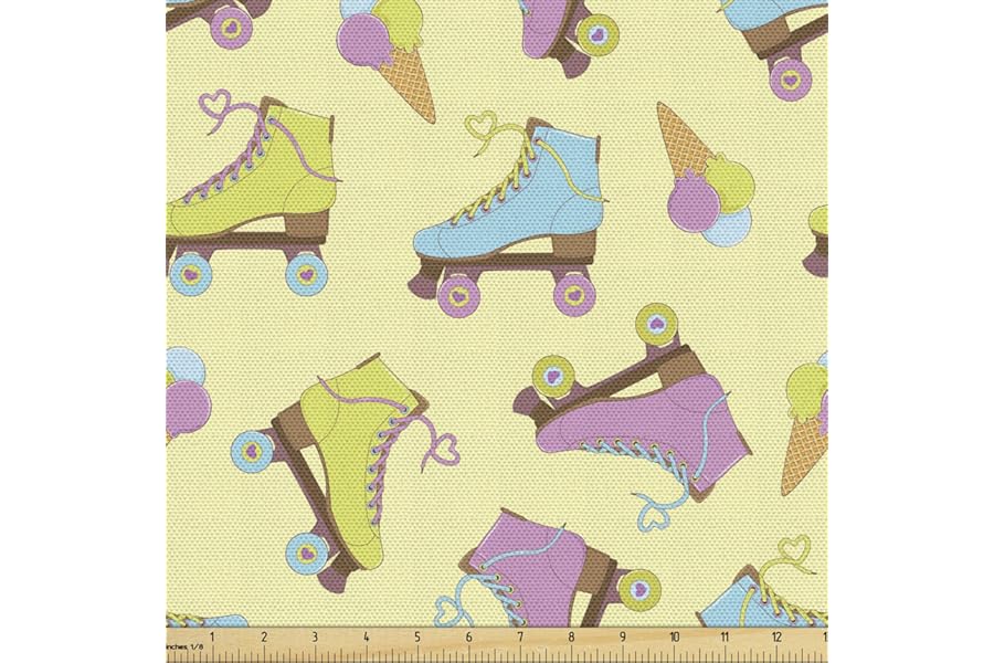 Lunarable Ice Cream Fabric by The Yard, Pastel Colored Roller Skates and Ice Creams Retro Print Summer Outdoor Activity, Decorative Fabric for Upholstery and Home Accents, 1 Yard, Pink Yellow