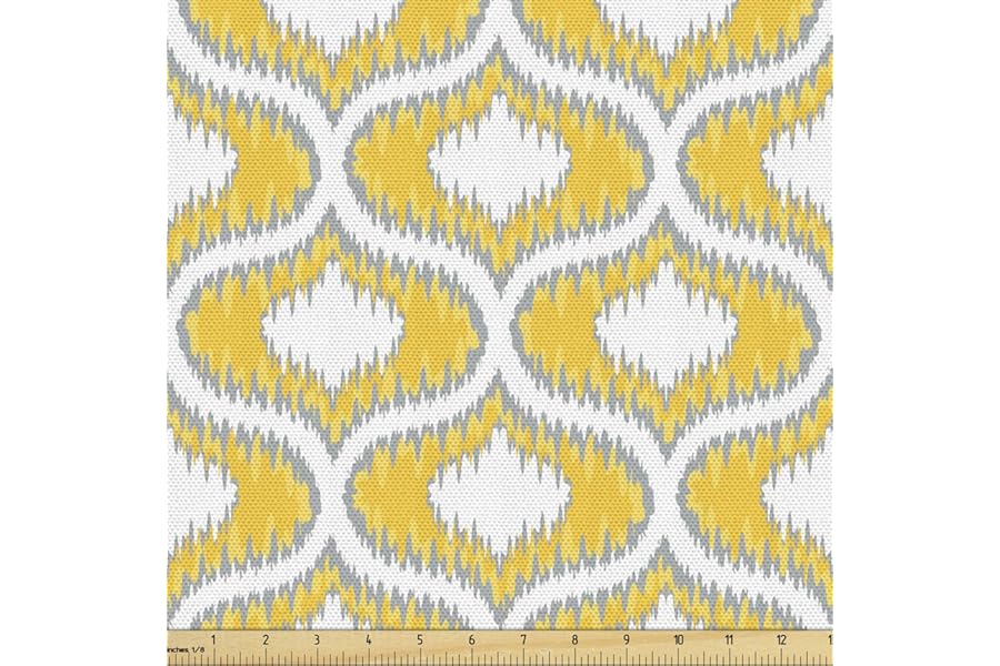 Lunarable Ikat Fabric by The Yard, Abstract Style Exotic Ikat Chain Patterns Retro Cloud Design, Decorative Fabric for Upholstery and Home Accents, 2 Yards, Yellow Ecru