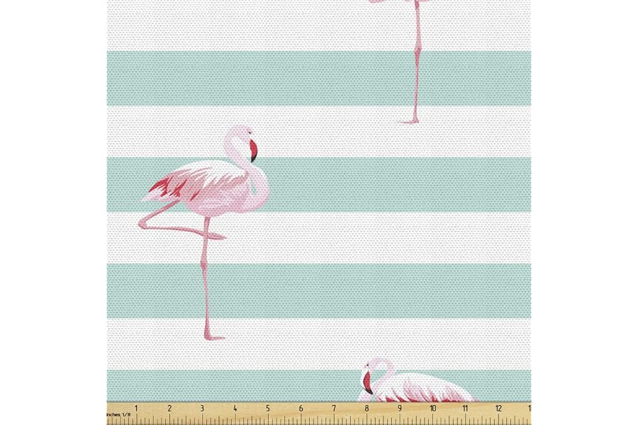 Lunarable Modern Fabric by The Yard, Pink Flamingo Birds on Horizontal Striped Bands Background Love Tropical Graphic, Decorative Fabric for Upholstery and Home Accents, 2 Yards, Seafoam White