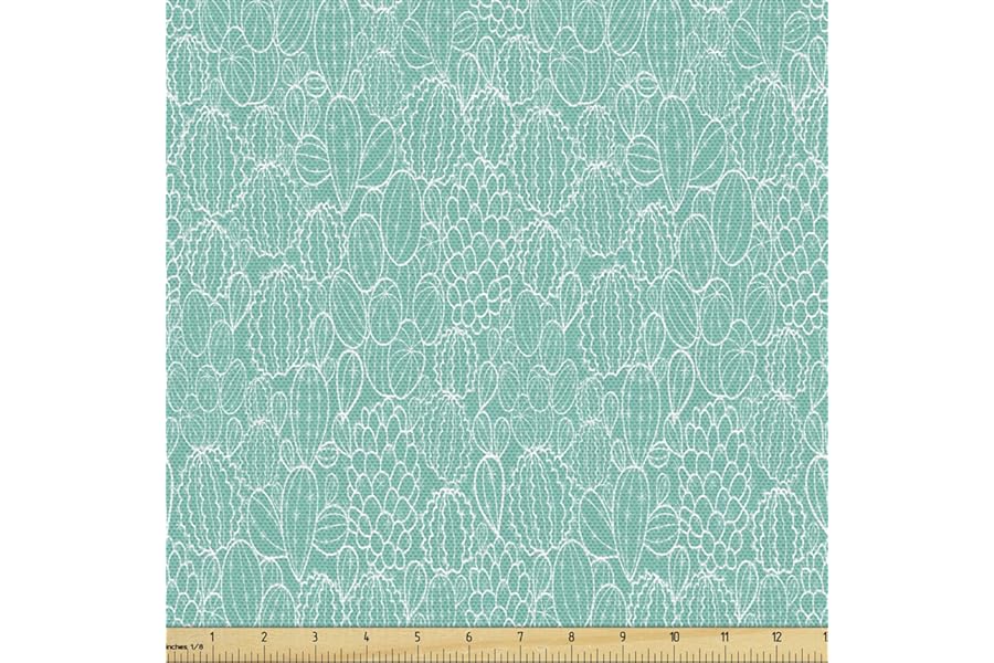 Lunarable Nature Fabric by The Yard, Hand Drawn Sketchy Mexican Cactus Fruit with Spikes with Turquoise Backdrop, Decorative Fabric for Upholstery and Home Accents, 2 Yards, Green White