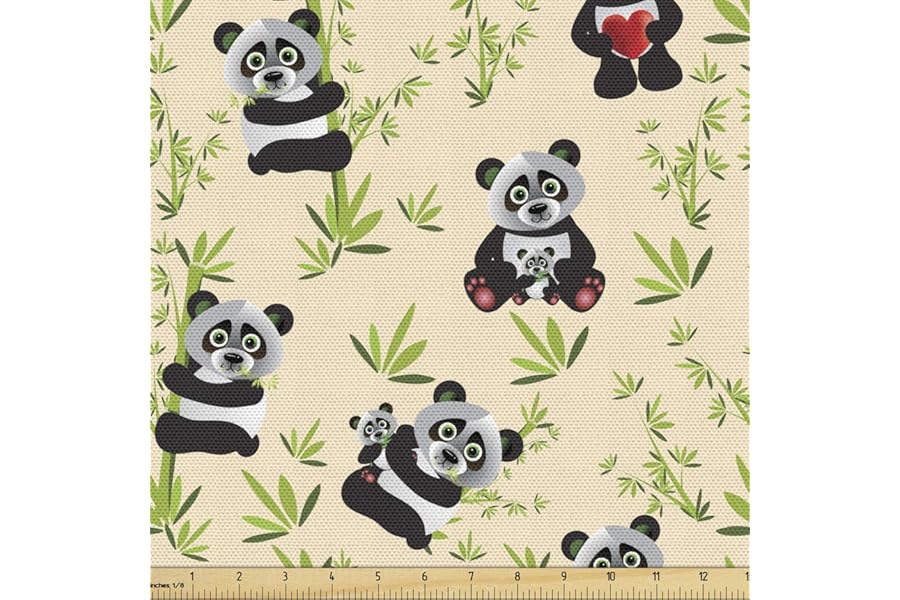 Lunarable Panda Fabric by The Yard, Asian Bear Cartoon Character Eating Leaves Branches Wildlife Animal, Decorative Fabric for Upholstery and Home Accents, 1 Yard, Apple Green Black and Ivory