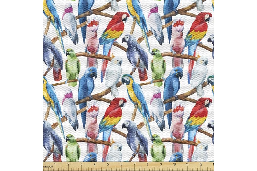 Lunarable Parrots Fabric by The Yard, Colorful Parrots on Tree Branches Exotic Jungle Theme Watercolor Painting Effect, Decorative Fabric for Upholstery and Home Accents, 2 Yards, Cobalt Red