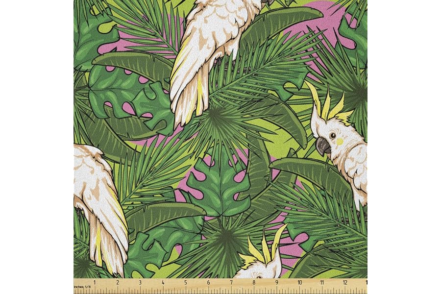 Lunarable Parrots Fabric by The Yard, Yellow Crested Cockatoo Bird with Tropical Foliage Exotic Caribbean Design, Microfiber Fabric for Arts and Crafts Textiles & Decor, 2 Yards, Cream Green