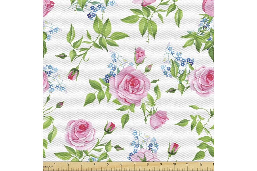 Lunarable Shabby Flora Fabric by The Yard, Forget Me Not Flowers with Pink Roses Tender and Delicate Spring Theme, Decorative Fabric for Upholstery and Home Accents, 3 Yards, Green Pink