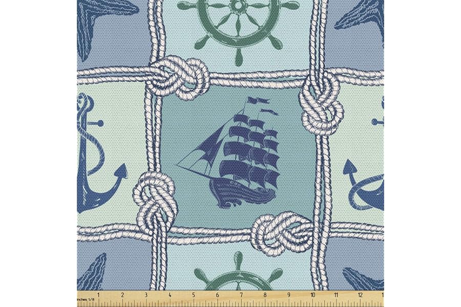 Lunarable Ship Fabric by The Yard, Nautical Themed Art Marine Starfish Wheel Anchor and Vessel Sailor's Knot, Decorative Fabric for Upholstery and Home Accents, 3 Yards, Teal Blue