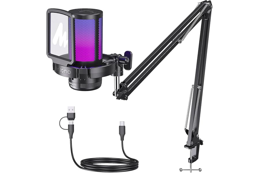 MAONO USB Gaming Microphone, Noise Cancellation Condenser Mic with Mute, Gain, Monitoring, Boom Arm Mic for Streaming, Podcast, Twitch, YouTube, Discord, PC, Computer, PS4, PS5, Mac, GamerWave DGM20S