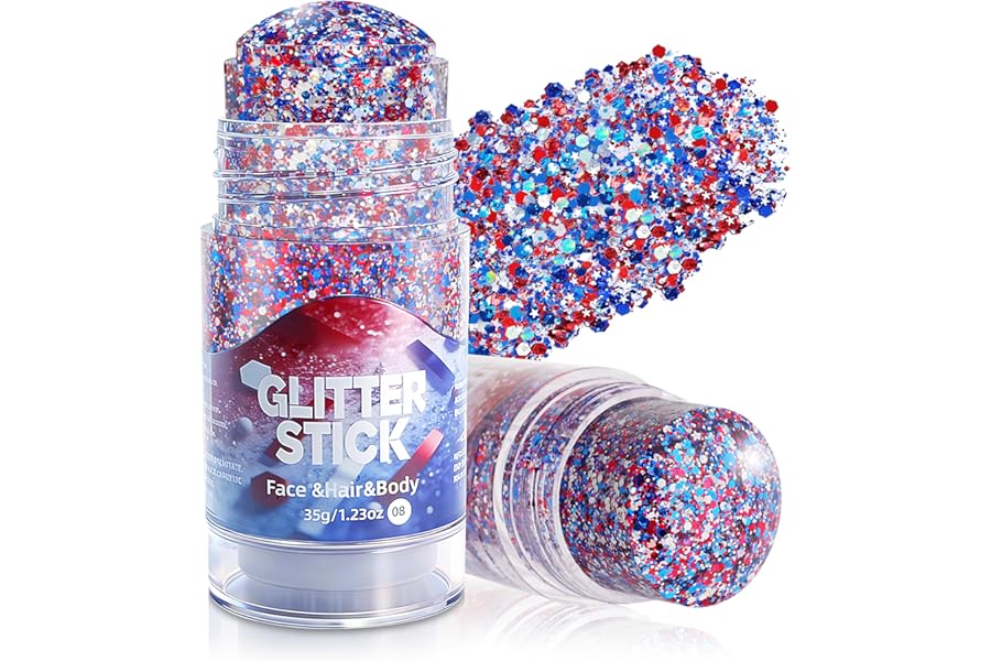 MEICOLY 4th of July Face Glitter Stick,1.23 OZ Red, White and Blue Hair Glitter Patriotic Accessories Outfits for Women,Chunky Fourth of July Body Glitter Makeup for Independence Day