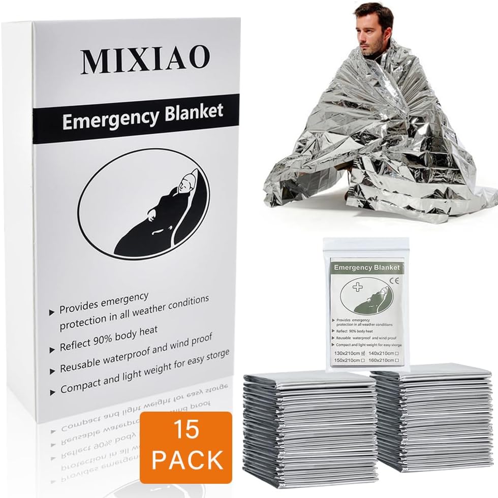 MIXIAO Lot de 15 couvertures thermiques de survie en aluminium d'urgence, parfaites pour l'extérieur, la randonnée, la survie, les marathons ou les premiers secours (argenté)