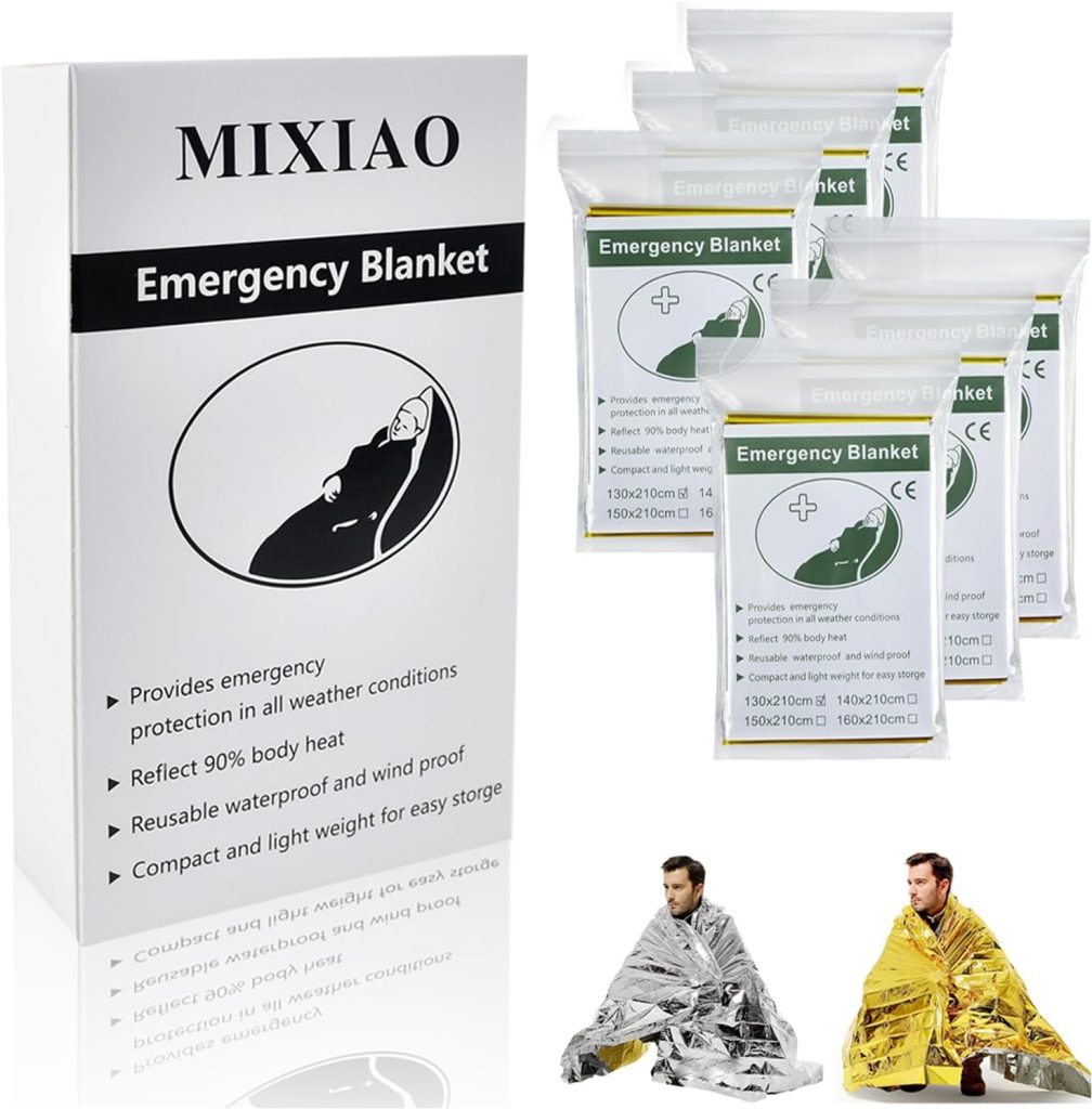 MIXIAO Lot de 6 couvertures thermiques de survie en feuille d'aluminium dorées emballées individuellement, parfaites pour l'extérieur, la randonnée, la survie, les marathons