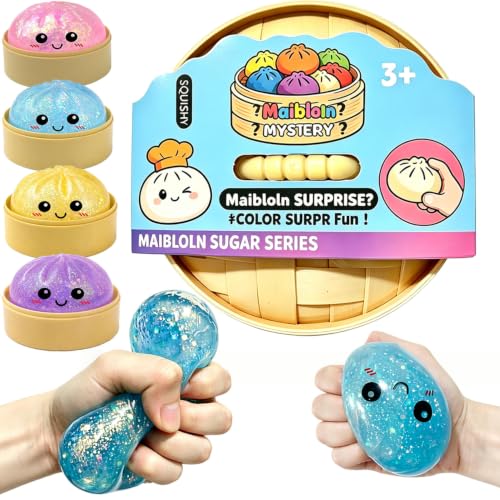 Maibloln Glitter Squishy Bun Stress Ball, Soft Stretchy Relief Fidget Toy