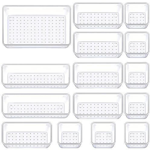 Manalete Drawer Organizers Set of 15, 4 Sizes Clear Plastic Drawer Organizers and Storage Bins for Kitchen, Bathroom, Office, Dresser Desk Drawer Organizer Tray for Jewelry, Makeup, Junk, Gadgets