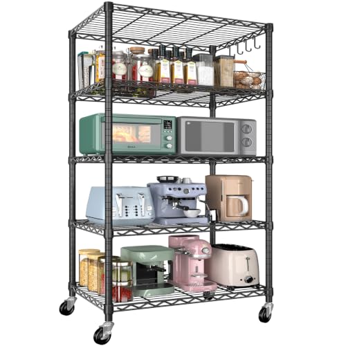 Mapleyard Wire Storage Shelves with Wheels: 5 Tier Adjustable Metal Shelving Unit, Heavy Duty Bakers Rack with Hooks, Rolling Pantry Shelf Organizer for Closet, Kitchen, Laundry, 24" W x 18" D x 75" H