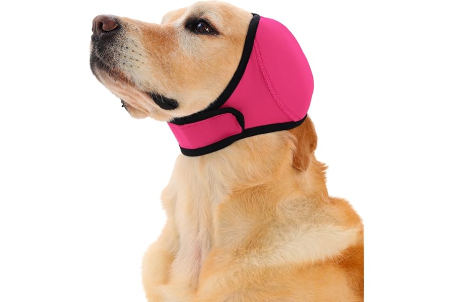 Meifsou Dog Head Wrap - Quiet Ears for Anxiety, Waterproof Dog Calming Hood, No Shake Ear Cover Snoods for Thunder, Lightning, Fireworks, Vet Visits, Polyester and SBR Diving Fabric, Rose, Small