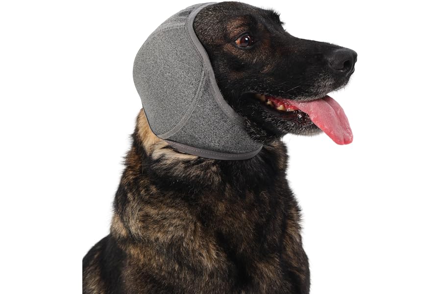 Meifsou Quiet Ears for Dogs - Dog Head Wrap for Anxiety, Waterproof Dog Calming Hood, No Shake Ear Cover Snoods for Thunder, Lightning, Fireworks, Grooming, Polyester and SBR Diving Fabric, Grey, L
